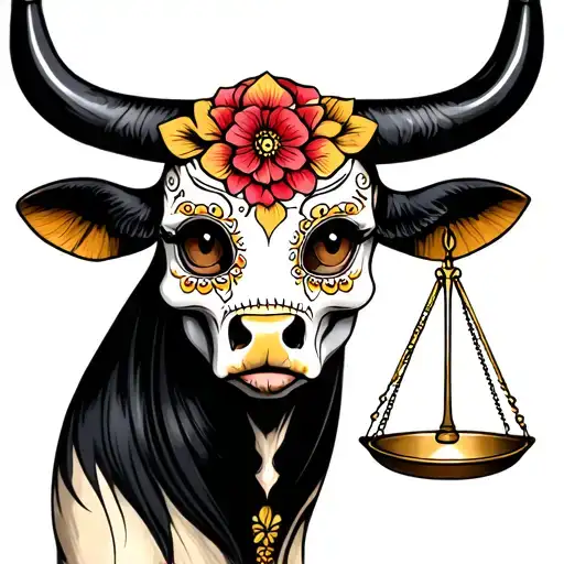 feminine bull with sugar skull markings, brown eyes and two Libra scales and dark background tattoo design idea