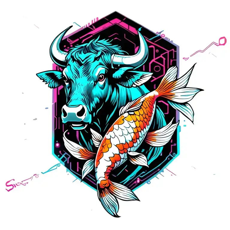bull with jumping koi fish  tattoo design idea