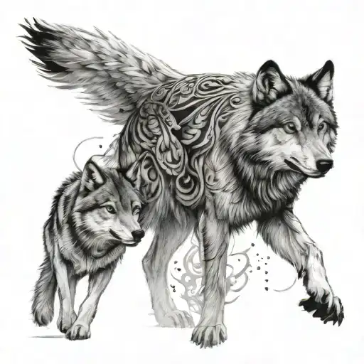 Wolf separates from the pack and has 2 daughters, one accompanies him as a butterfly and the other a Falcon tattoo design idea