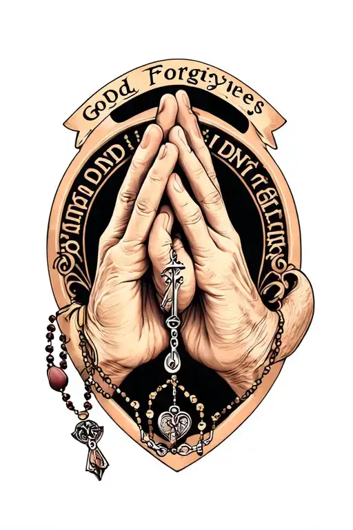 prayer hands with rosary beads. with the quote "God Forgives, I Don't" tattoo design idea
