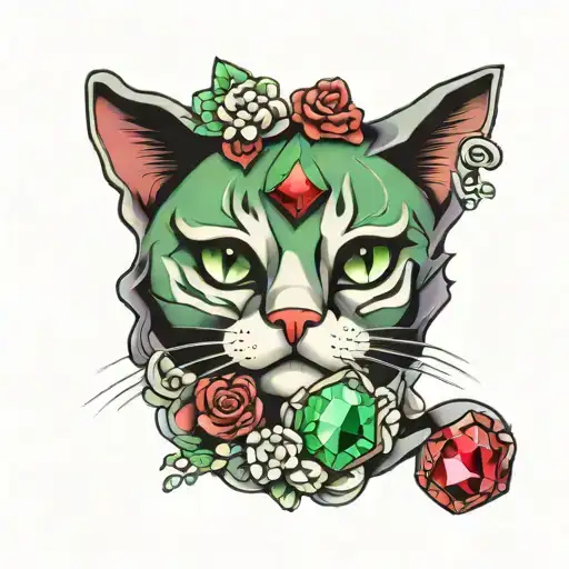 a diamond , amethyst , red stone and green stone made into a kitty paw  tattoo design idea