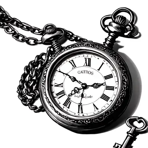antique pocket watch open with chain attached. and  antique skeleton key attached to chain  tattoo design idea