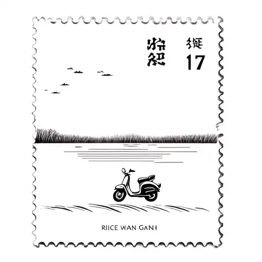 rice fields with a scooter in a postage stamp tattoo design idea