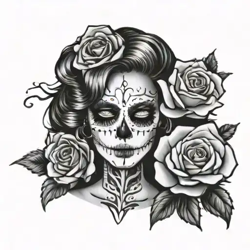 the face of a woman with sugar skeleton paint. under 3 roses tattoo design idea
