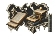 A stack of books with pages flipping to reveal ancient symbols of wisdom and enlightenment tattoo design idea