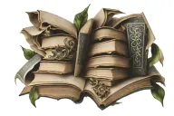 A stack of books with pages flipping to reveal ancient symbols of wisdom and enlightenment tattoo design idea