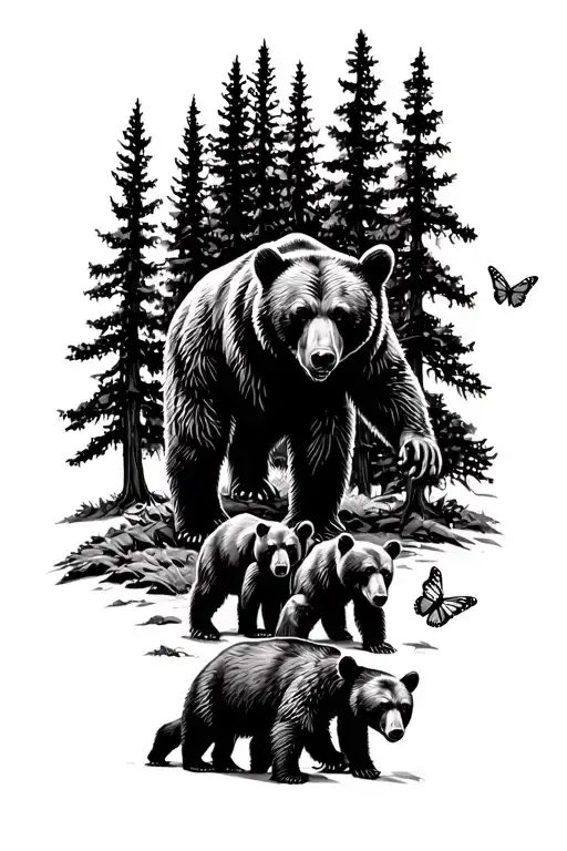 Papa bear and 3 black bear cubs and 2 monarch butterfly walking in the wilderness trees tattoo design idea