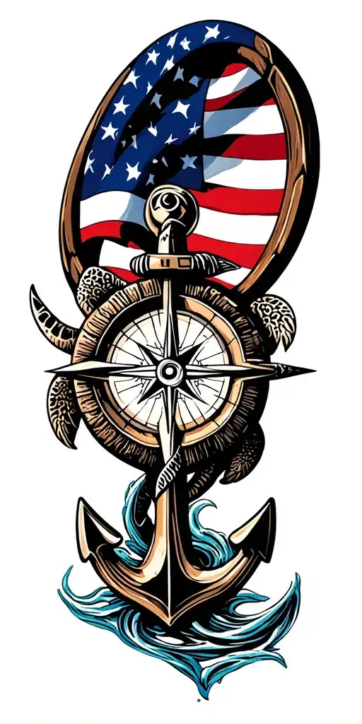 sea turtle, anchor intertwined compass american flag tattoo design idea