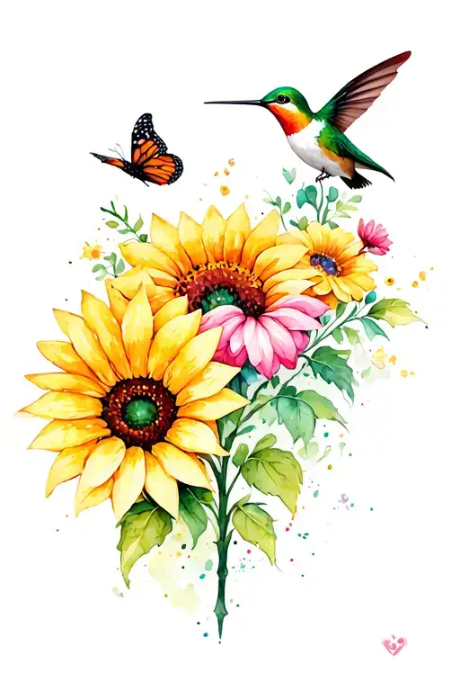 smaller sunflower and a few other flowers with a hummingbird and a butterfly  tattoo design idea