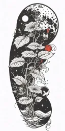 A black and red tattoo of a celestial plant growing towards the moon tattoo design idea