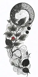 A black and red tattoo of a celestial plant growing towards the moon tattoo design idea