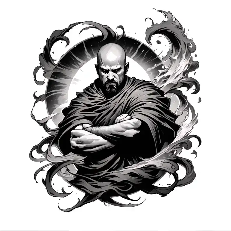 A dark, intense forearm tattoo featuring a faceless warrior-monk standing in a powerful stance, surrounded by swirling s tattoo design idea