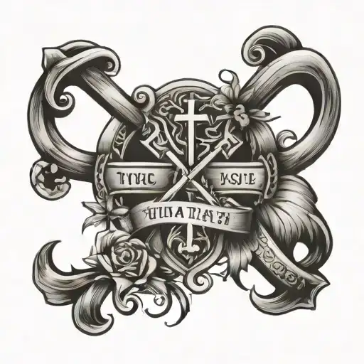 cross intertwined with words turn and trust tattoo design idea