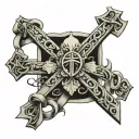 cross intertwined with words turn and trust tattoo design idea