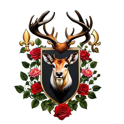 family crest with a deer, rose, fleur de lis tattoo design idea