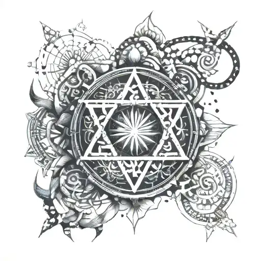 An intricate design of ancient symbols representing spiritual wellness, and duality of spiritual vs material  tattoo design idea