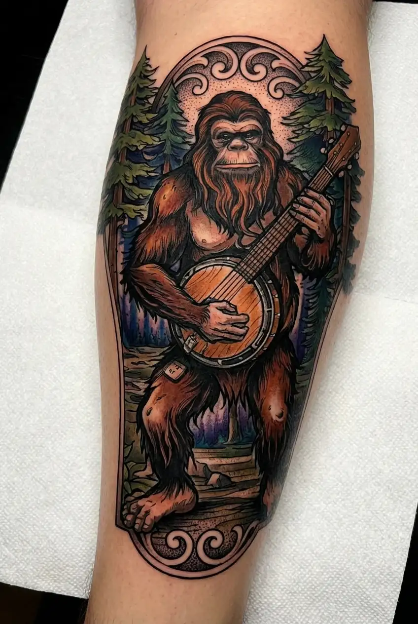 Bigfoot playing the banjo in a Forest scene tattoo design idea