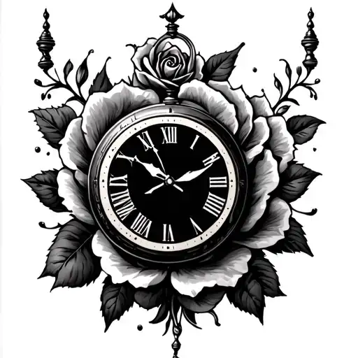 clock with roses tattoo design idea