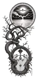 tree of life with gate to heaven and snake tattoo design idea