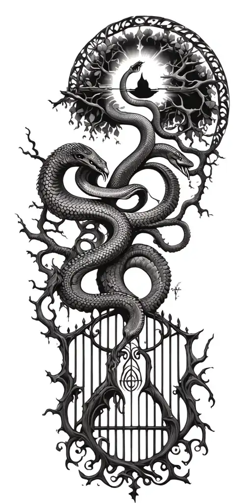 tree of life with gate to heaven and snake tattoo design idea