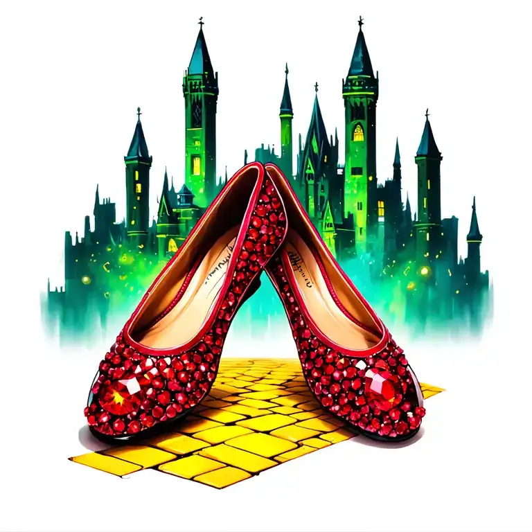 two sparkling ruby ballet slippers with yellow brick road and emerald city in background tattoo design idea