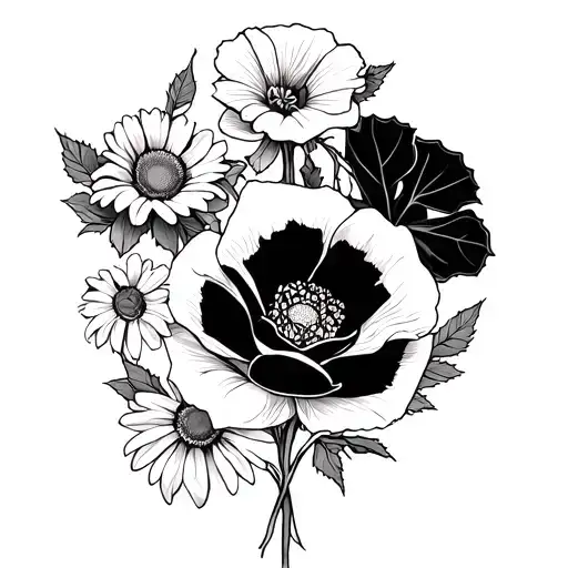 fine black lines no colour 1 rose 1 holly 1 morning glory 2 poppies 2 daisies 1 carnation solid black line anchor forear tattoo design idea