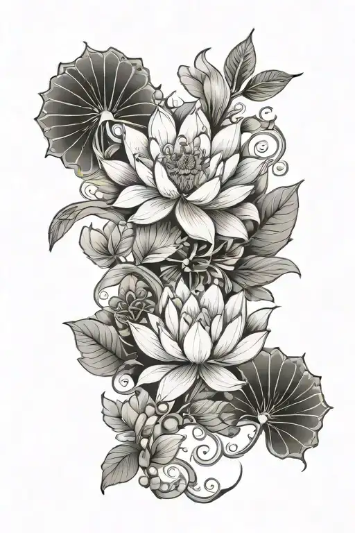 orange blossoms with lotus and phoenix  tattoo design idea