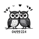 two cute owls in love and the date 04/09/2024 in Roman numbers  tattoo design idea