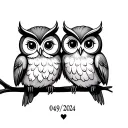 two cute owls in love and the date 04/09/2024 in Roman numbers  tattoo design idea