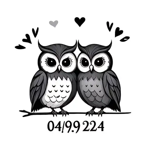 two cute owls in love and the date 04/09/2024 in Roman numbers  tattoo design idea