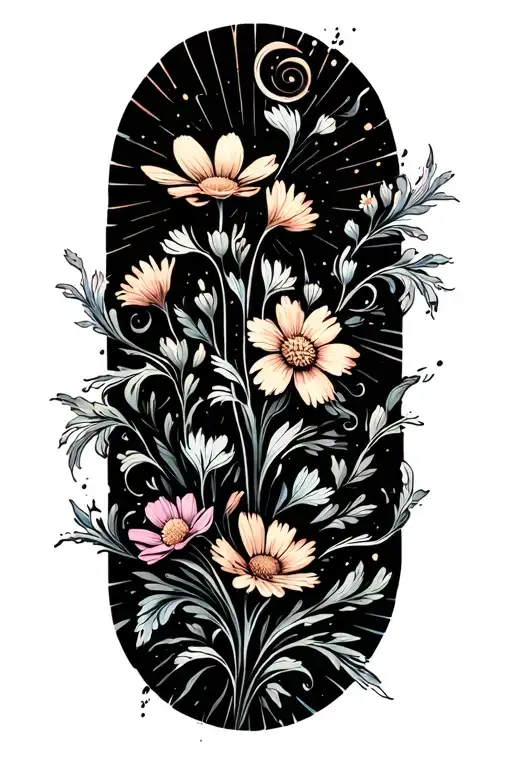 dainty wildflowers swirling in the wind with sunbeams shining from behind. no background color tattoo design idea