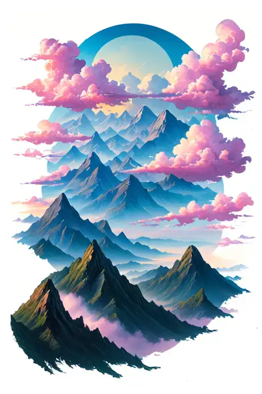 A serene landscape tattoo featuring pink clouds floating over majestic mountains, symbolizing the beauty of nature and the peacefulness of the sky tattoo design idea