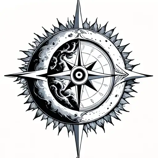 Sun moon compass wave tattoo design idea