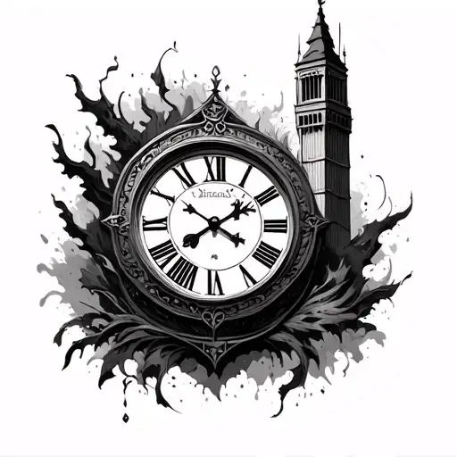 clock and roman numeral clock tower emerging tattoo design idea