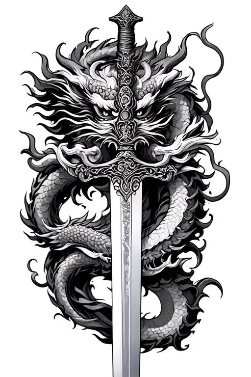 ornate sword with a Chinese dragon entwined about it. tattoo design idea