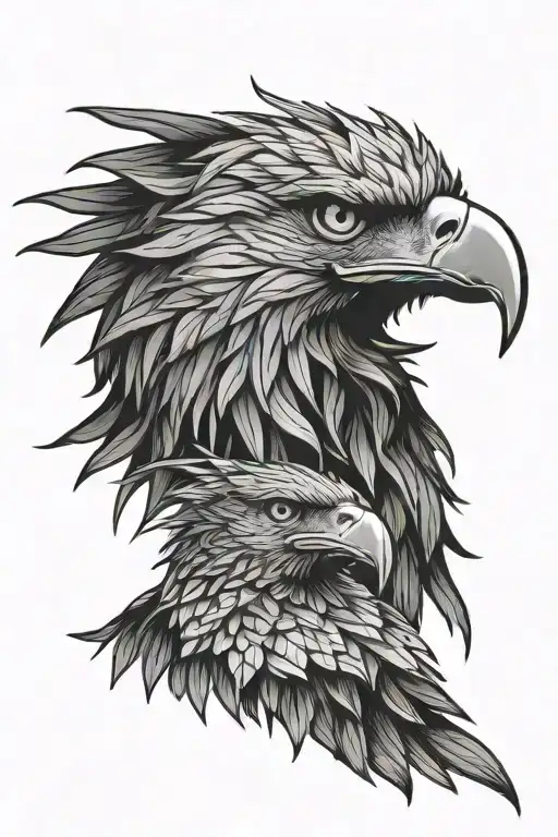Eagle head, profile. Cannabis-leaf shaped feathers encircle head, radiating outwards. Detailed. tattoo design idea