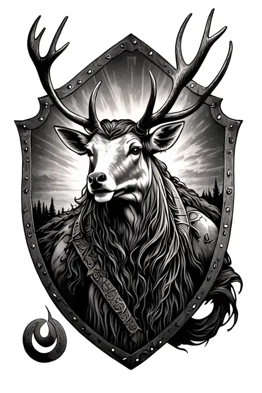 elk on shield maiden tattoo design idea