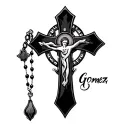 last name gomez with a cross & a rosary intertwined tattoo design idea