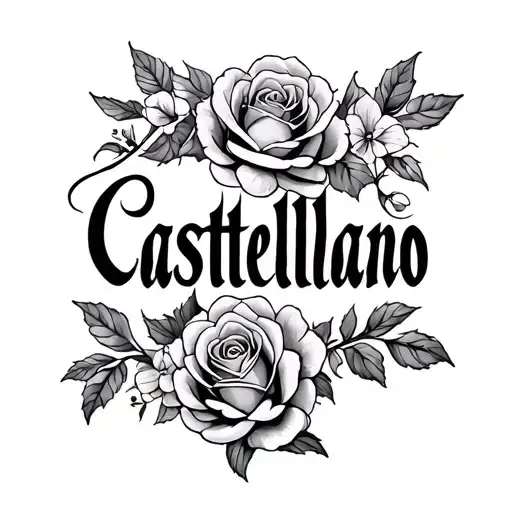 Castellano last name in script with roses blooming tattoo design idea