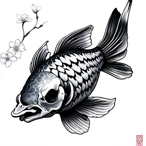 Skeleton Koi Fish cherry blossom tattoo design idea