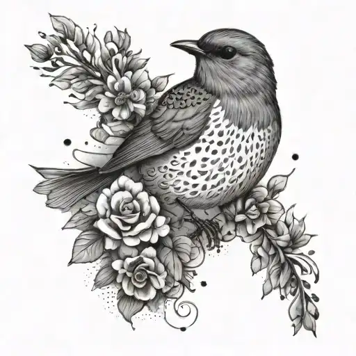 A dotwork tattoo of a robin surrounded by floral elements, blending the beauty of nature and the elegance of bird watching tattoo design idea