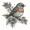 A dotwork tattoo of a robin surrounded by floral elements, blending the beauty of nature and the elegance of bird watching tattoo design idea