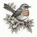 A dotwork tattoo of a robin surrounded by floral elements, blending the beauty of nature and the elegance of bird watching tattoo design idea