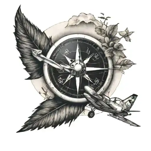 modern aircraft and small compass with a little piece of nature  tattoo design idea