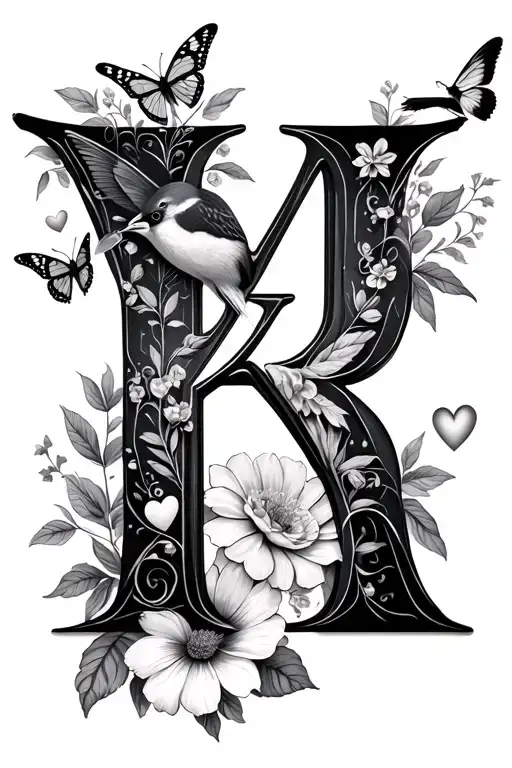 hidden M and R letters in flowers, hearts and butterflies or birds tattoo design idea