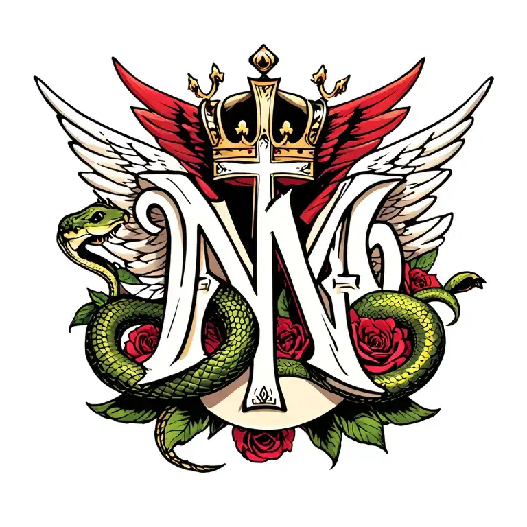 Cross,letters M and A snake, crown, Love ,wing tattoo design idea