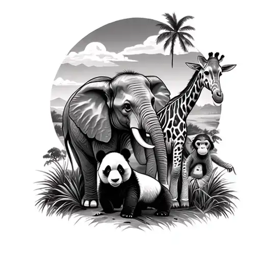 safari scene with elephant, giraffe, monkey and panda with landscape tattoo design idea