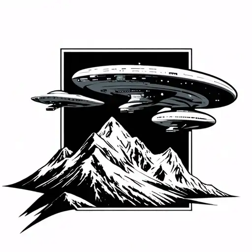 Denali mountain with Star Trek enterprise ship flying tattoo design idea