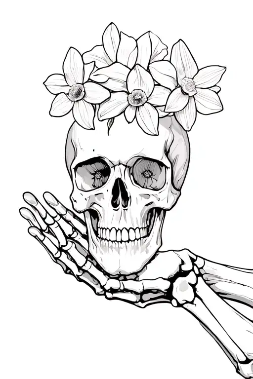 skull being held by skeleton hand and daffodils coming out of the skull tattoo design idea