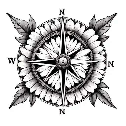 compass lion flower family tattoo design idea